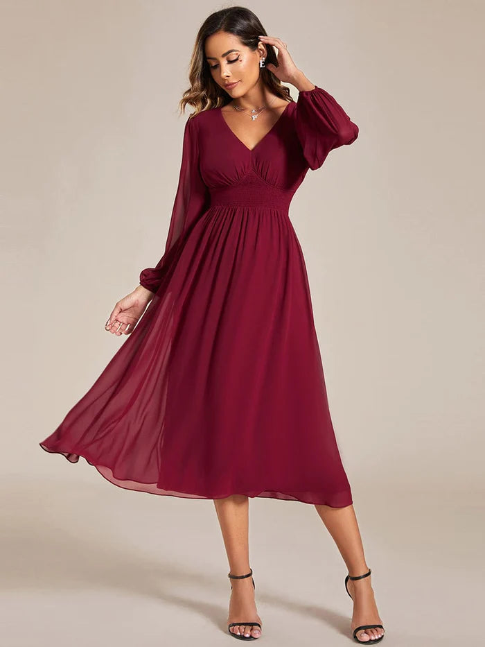 Women's Athletic Garments Elegant V Neck Long Sleeves Midi Wedding Guest Dress