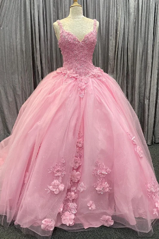 Luxury Women's Clothes Pink Floral Appliques Sweetheart Lace-Up Ball Gown