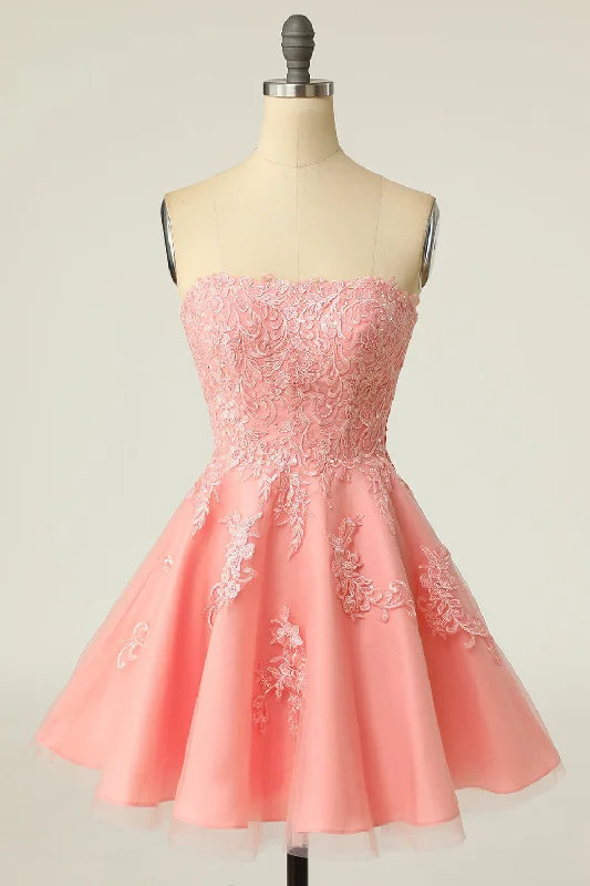 Tailored Clothing For Women Pink Strapless Lace-Up A-Line Short Homecoming Dress with Floral Lace