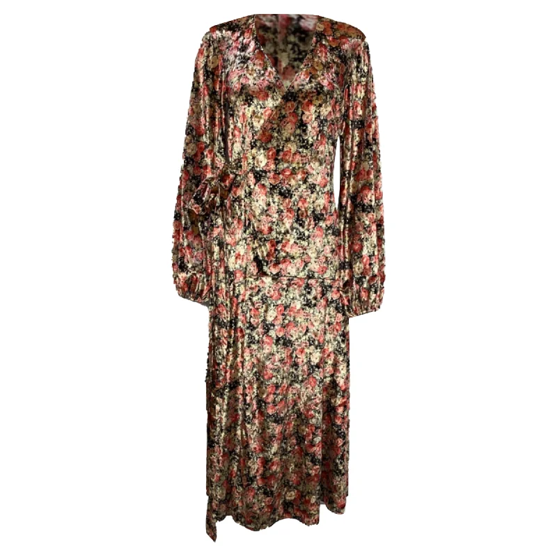 Formal Clothing For Women Rotate Birger Christensen Beatrix Floral Print Midi Wrap Dress in Multicolor Velvet