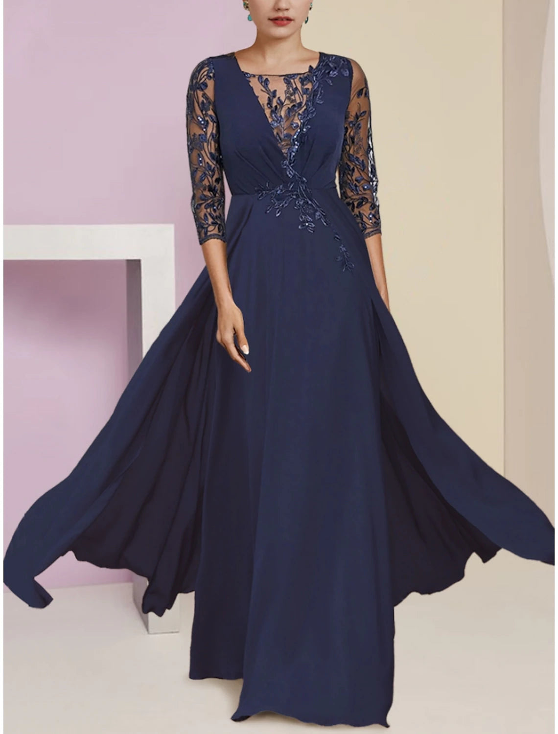 Women's Luxury Attire A-Line Mother of the Bride Dress Wedding Guest Elegant Scoop Neck Floor Length Stretch Chiffon Half Sleeve with Sequin Appliques Ruching