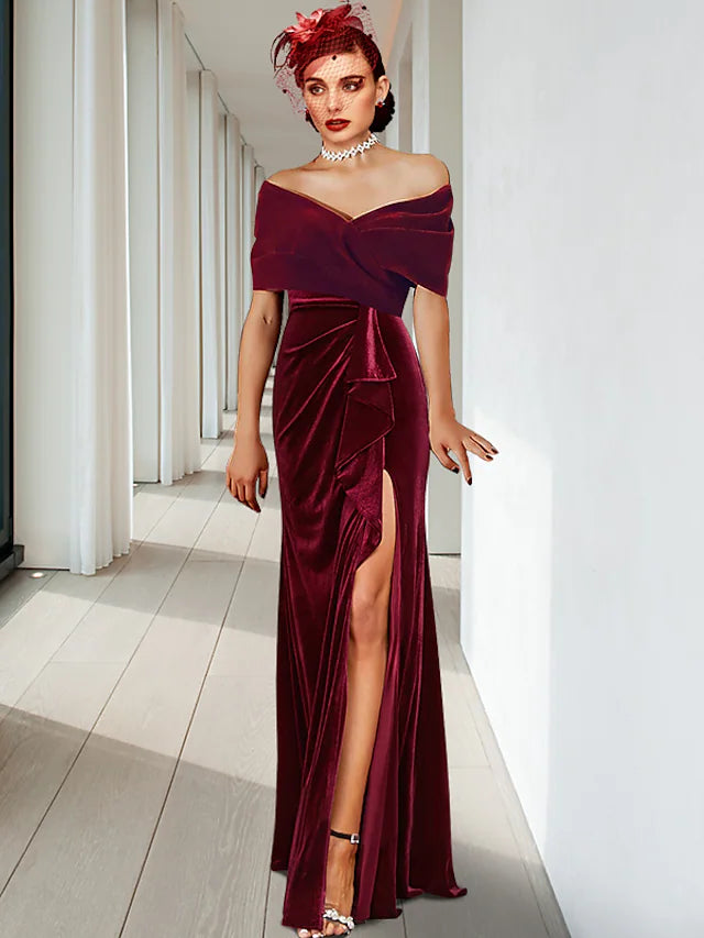 Women's Trendy Attire Evening Gown Elegant Dress Wedding Guest Floor Length Sleeveless V Neck Velvet with Pleats Ruffles