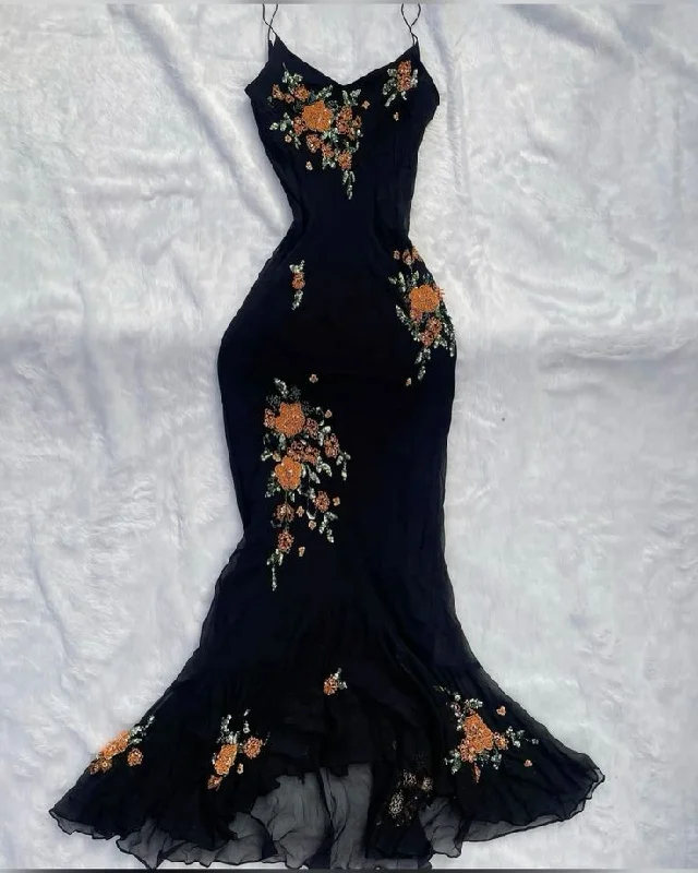 Women's Evening Wear Attire Black shiny elegant spaghetti straps orange floral beading slim fit long mermaid chiffon ball gown evening dress gh3361