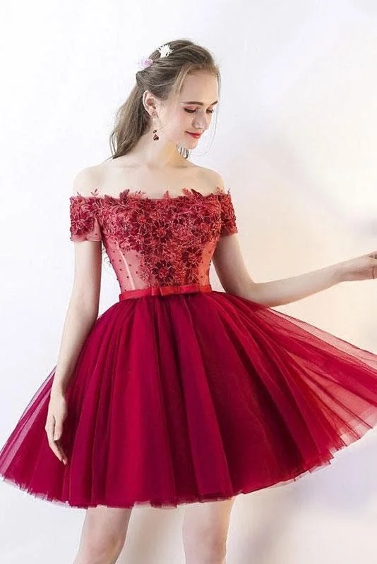 Women's Evening Clothing Off the Shoulder Red Floral Short Homecoming Dress