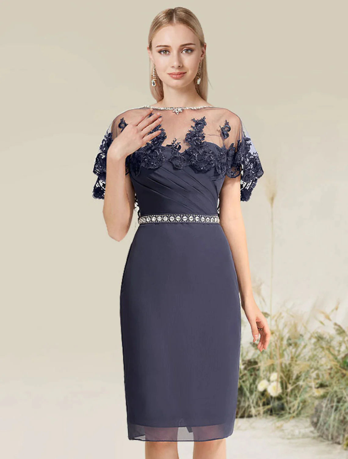 Women's Party Clothes Sheath / Column Cocktail Dresses Convertible Dress Wedding Guest Knee Length Short Sleeve Strapless Lace with Lace Insert Appliques