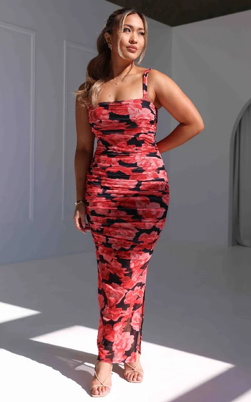 Women's Luxury Garments Love You Anyways Mesh Maxi Dress - Black Red Floral