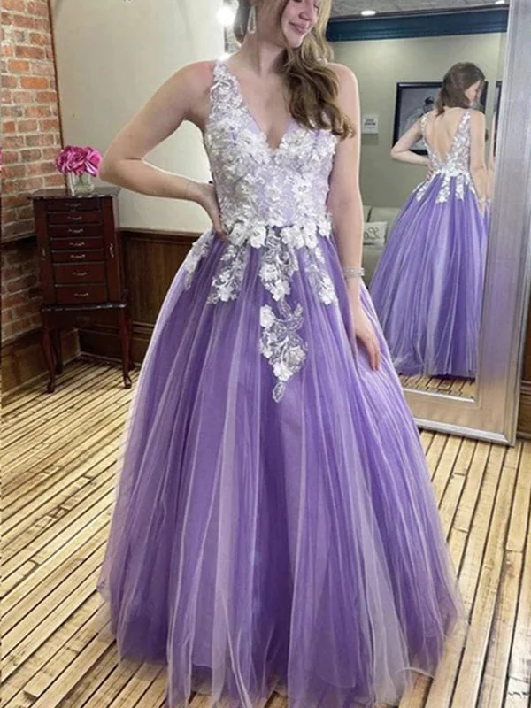 Women's Casual Outfit Elegant Lilac Lavender Lace Floral V-neck Backless A-line Long Prom Dress, PD3136