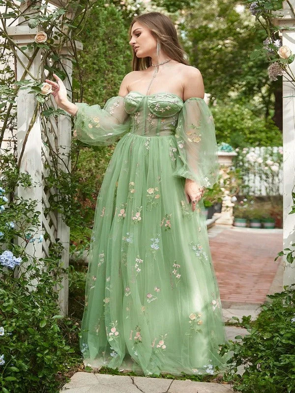 Women's Clothing Corset Green Floral A-line Prom Dresses With Detachable Sleeves, Popular 2023 Prom Dresses, Beachy Prom Dresses