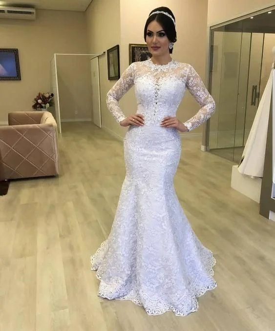 Casual Chic Women's Clothes Gorgeous Lace Mermaid Wedding Dresses Bridal Gown with Long Sleeves Jewel Neck       S5126