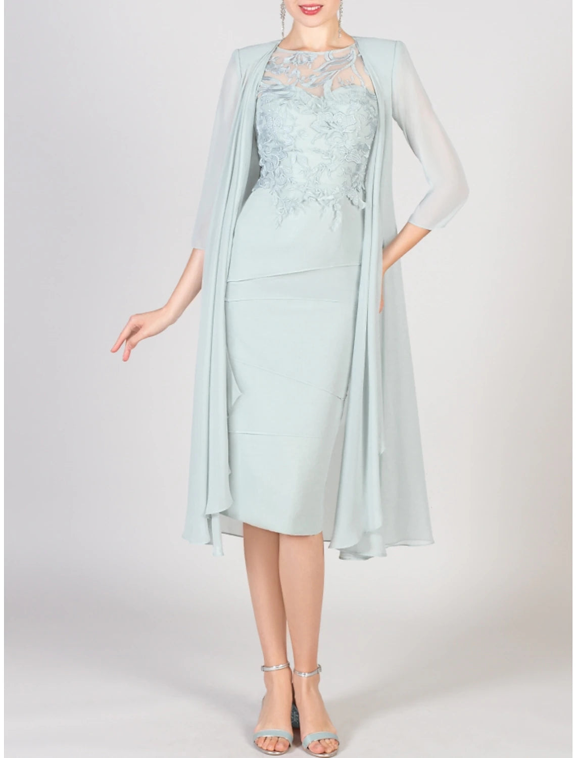 Women's Formal Event Clothing Two Piece Sheath / Column Mother of the Bride Dress Wedding Guest Elegant Petite Jewel Neck Knee Length Chiffon Lace 3/4 Length Sleeve with Ruching Solid Color