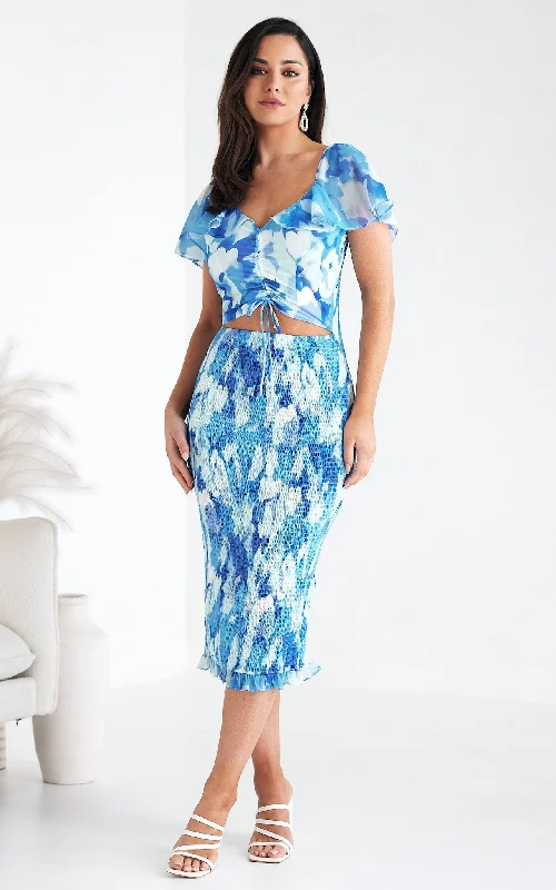 Women's Stylish Vacation Attire Danielle Midi Dress - Blue Floral