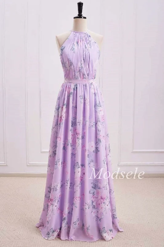 Women's Sporty Clothes Purple Floral Print Halter Long Bridesmaid Dress