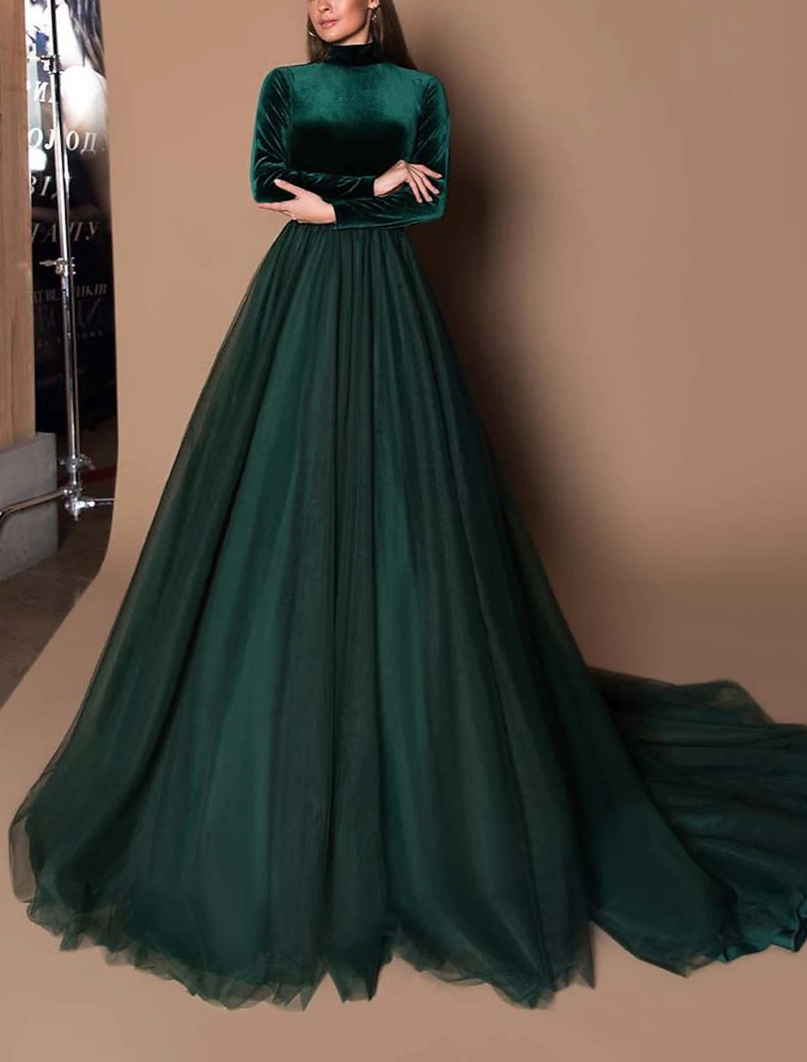 Women's Clothes Ball Gown Beautiful Back Elegant Wedding Guest Formal Evening Birthday Dress High Neck Long Sleeve Court Train Tulle with Pleats Pure Color