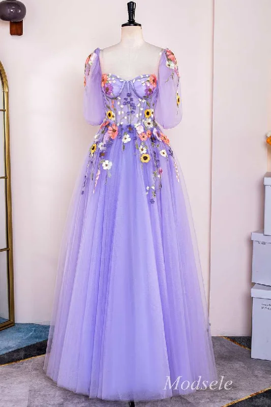 Women's Clothing For Outdoor Events Lavender Floral Appliques Sweetheart A-Line Long Prom Dress