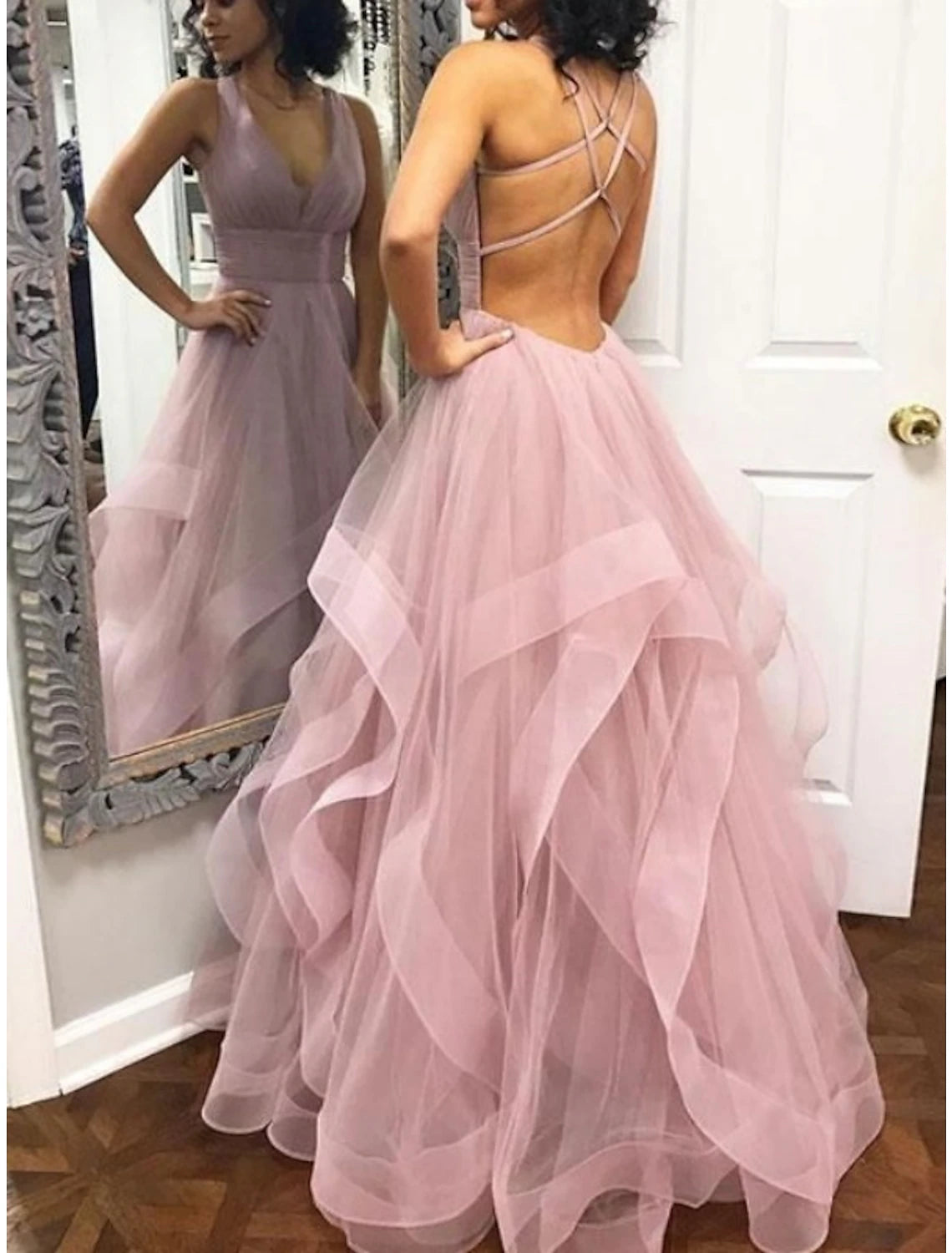 Women's Transitional Apparel Ball Gown Prom Dresses Tiered Plisse Dress Wedding Guest Quinceanera Floor Length Sleeveless V Neck Organza Backless with Criss Cross Ruffles