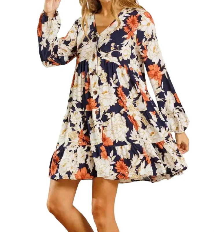 Vintage-Inspired Garments Floral V-Neck Mini Dress In Blue