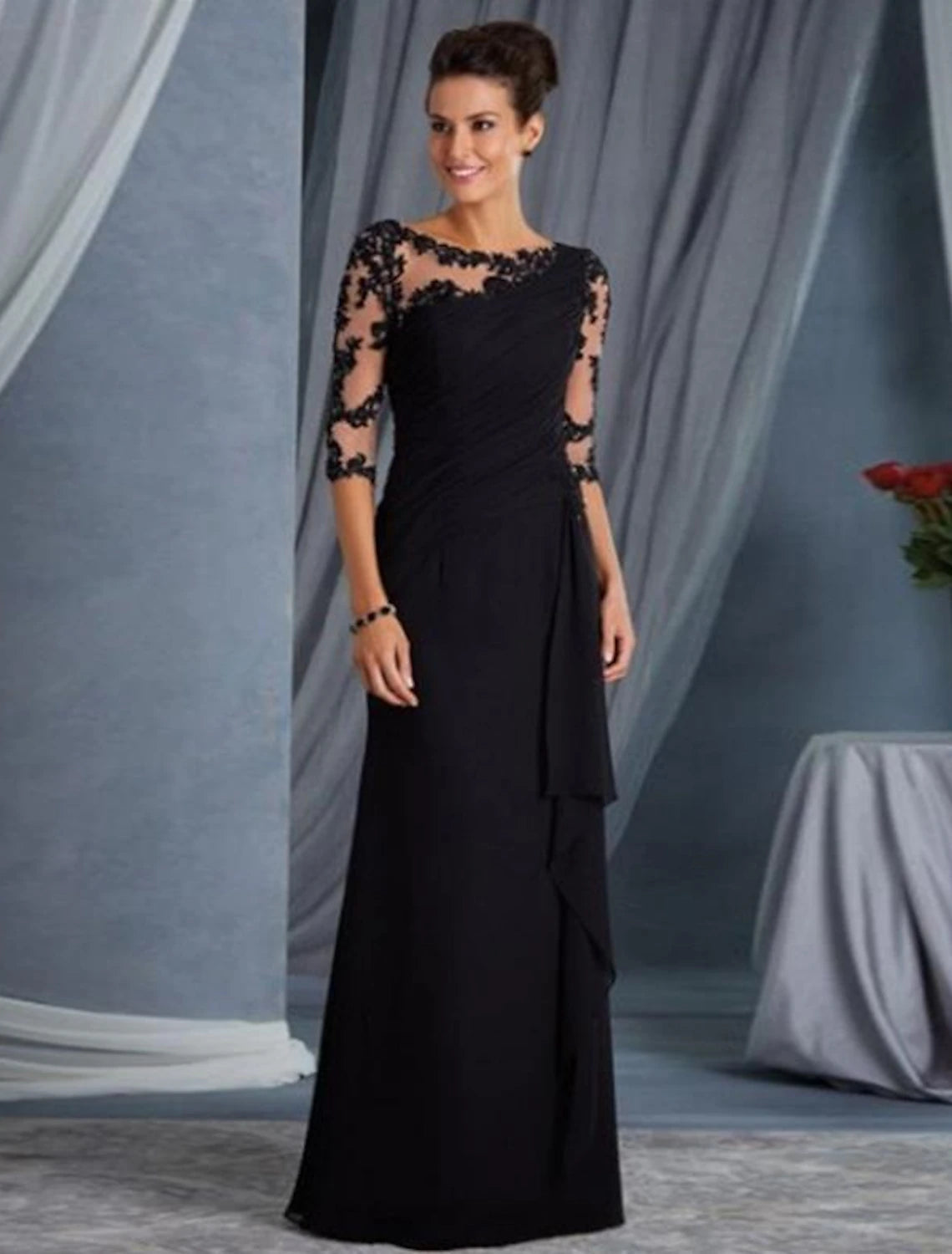 Women's Holiday Outfit Sheath / Column Evening Gown Elegant Dress Formal Evening Floor Length Half Sleeve Jewel Neck Fall Wedding Guest Lace with Appliques