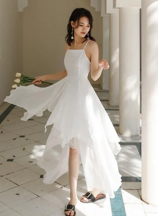 Women's Travel Garments White Chiffon High Low Chic Simple Wedding Party Dress, White Short Prom Dress Graduation Dress     S3375