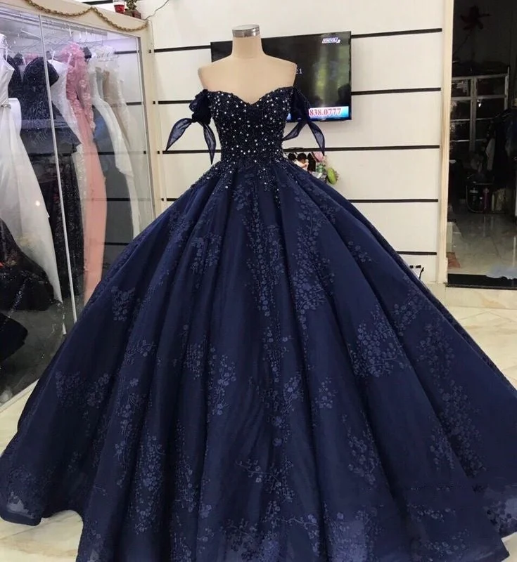 Women's Classic Attire Blue shiny elegant floral A-line long tulle ball gown evening dress gh3342