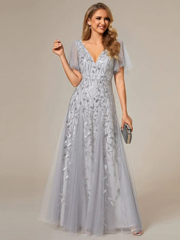 Women's Elegant Evening Attire Stunning V Neck Long Wedding Guest Dress with Ruffle Sleeves