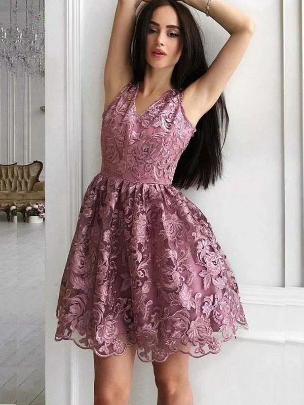 Women's Outerwear Attire Elegant Sleeveless Mulberry Purple Floral Lace V-neck A-line Tulle Short Homecoming Dress, HD3045