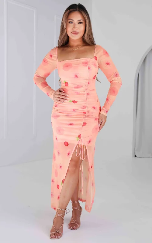 Women's High-Fashion Outfit Kaisanna Mesh Maxi Dress - Peach Pink Floral