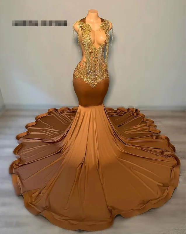 Women's Contemporary Clothing Coco Brown Mermaid Gold Rhinestones Prom Dresses For Party Wedding Evening Beaded Formal Dress V Neck Party Gowns Elegant robe