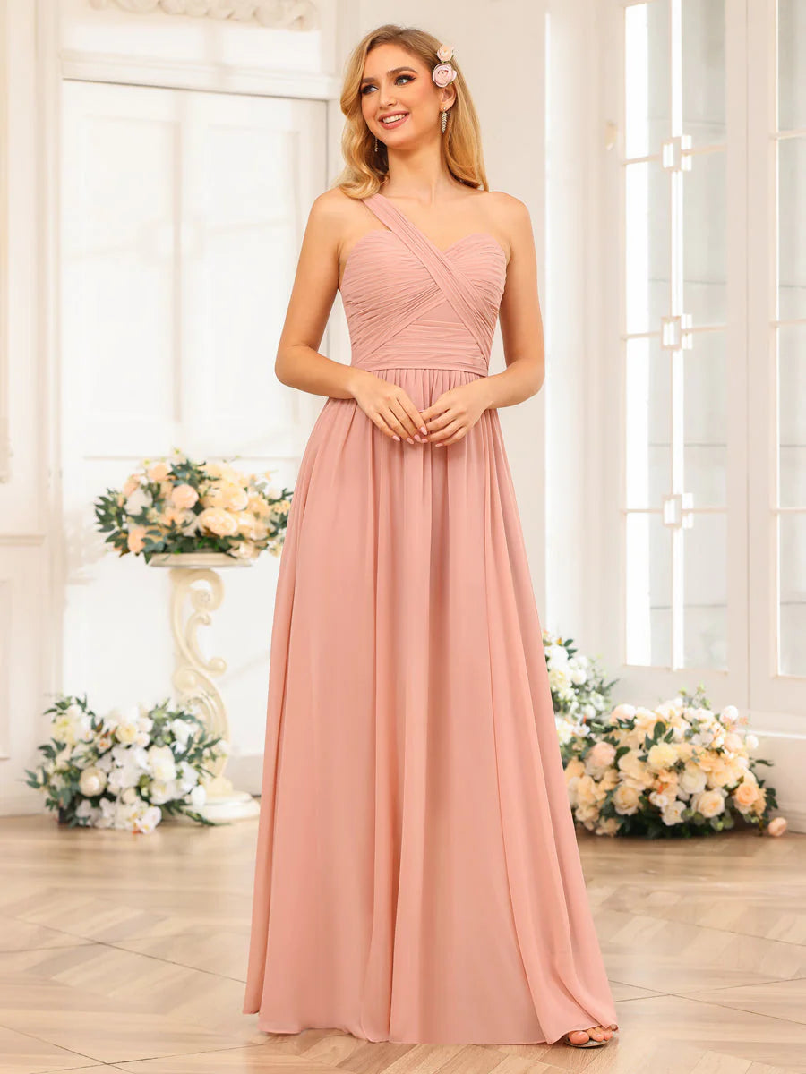 Women's Effortless Casual Outfit A-Line/Princess One-Shoulder Long Wedding Party Dresses With Split Side