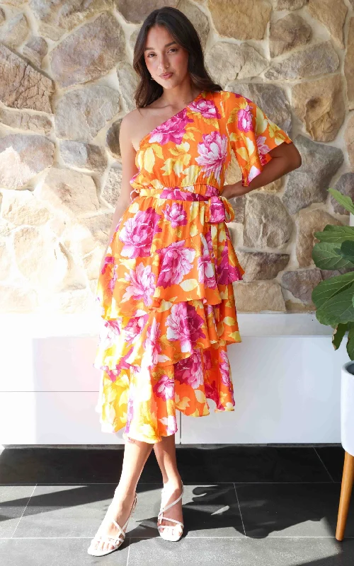 Women's Vacation Outfit Set Mikko Midi Dress - Orange Pink Floral