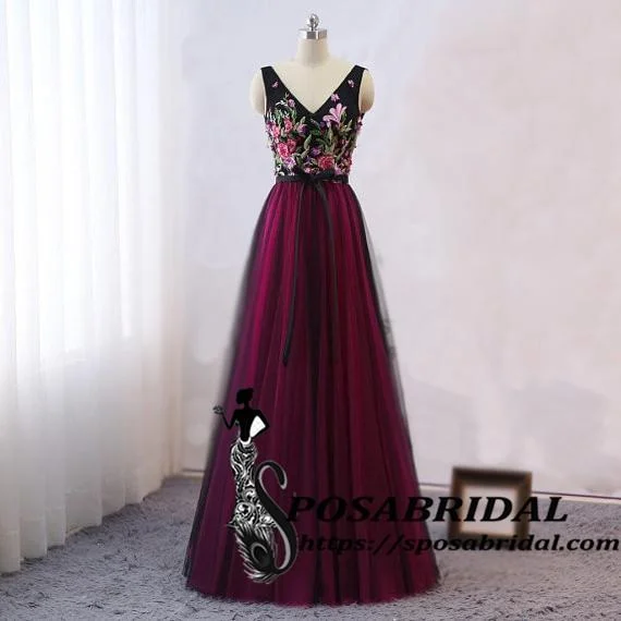 Women's Comfy Attire For Lounging Long Black Women Evening Dress, Vintage Embellish Embroidery Floral Bridesmaid Dresses, WG320