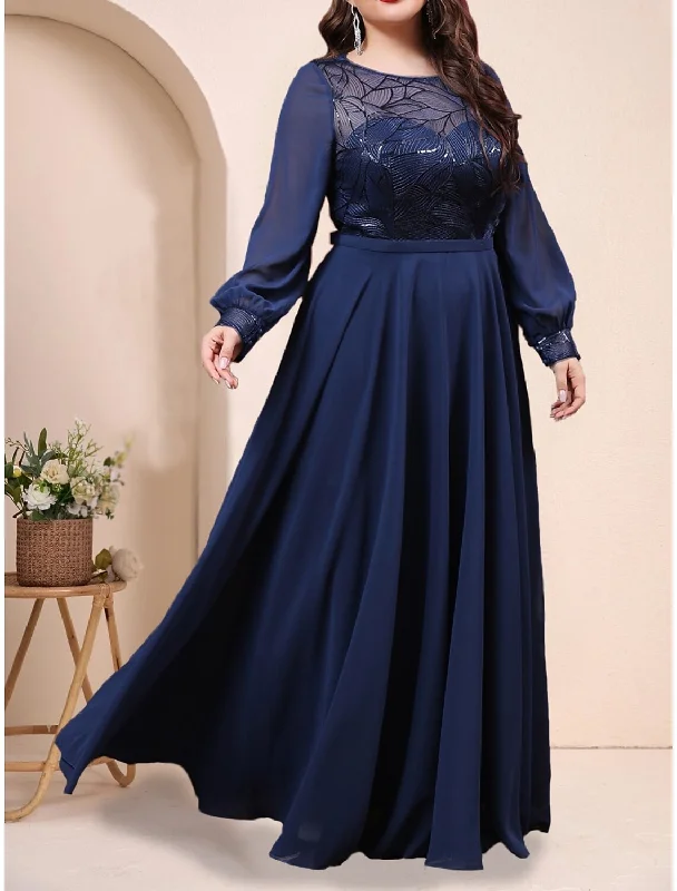 Women's Wedding Apparel A-Line Plus Size Curve Mother of the Bride Dress Wedding Guest Plus Size Sparkle & Shine Jewel Neck Floor Length Chiffon Long Sleeve with Pleats Sequin