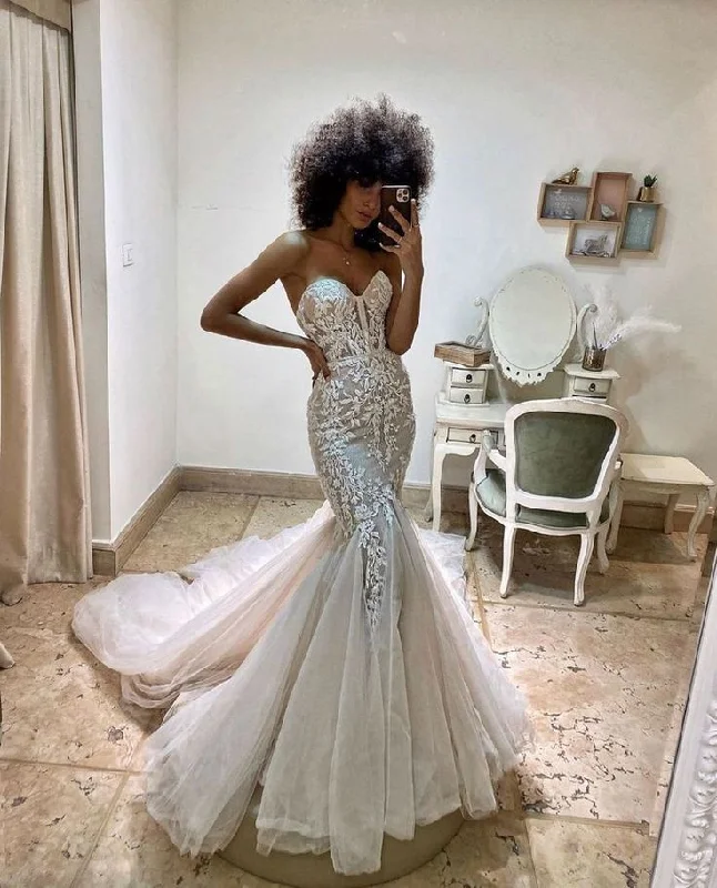 Women's Comfy Loungewear Outfit Gorgeous Sweetheart Lace Mermaid Backless Long Wedding Dresses      S3690