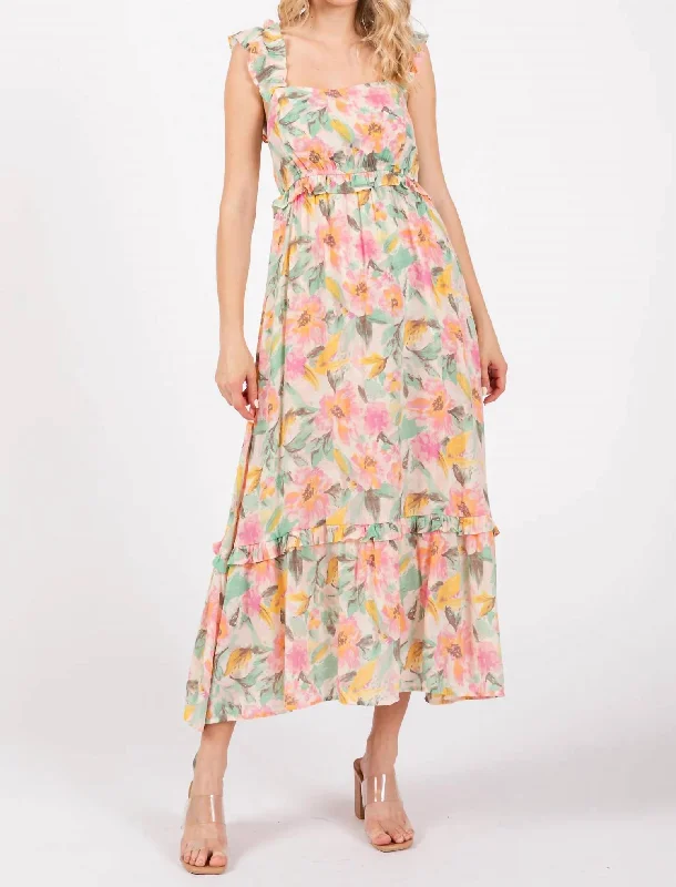 Women's Garments Watercolor Floral Midi Dress In Ivory