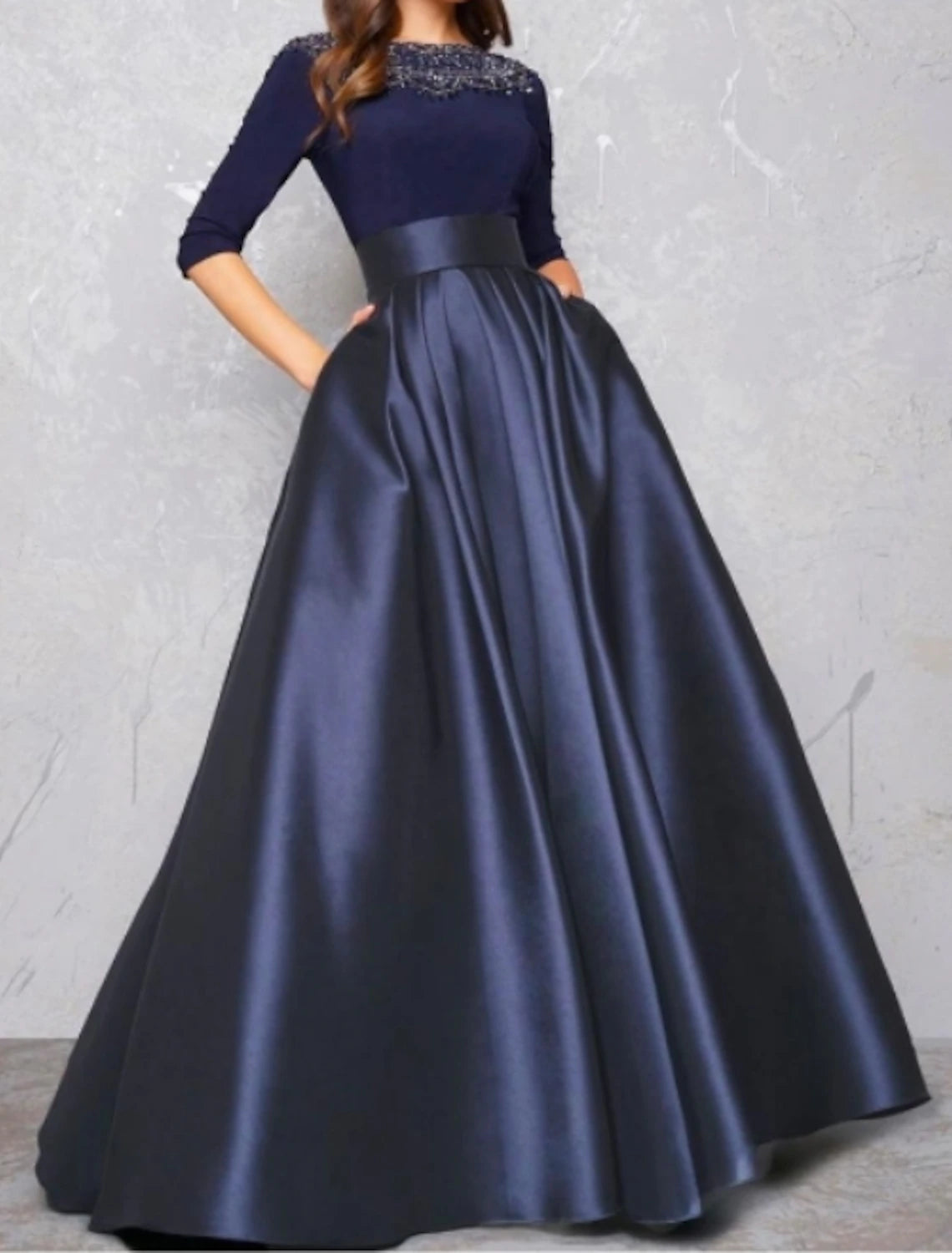 Casual Clothes For Women Ball Gown Evening Gown Minimalist Dress Quinceanera Formal Evening Floor Length Half Sleeve Illusion Neck Fall Wedding Guest Satin with Pleats Lace Insert