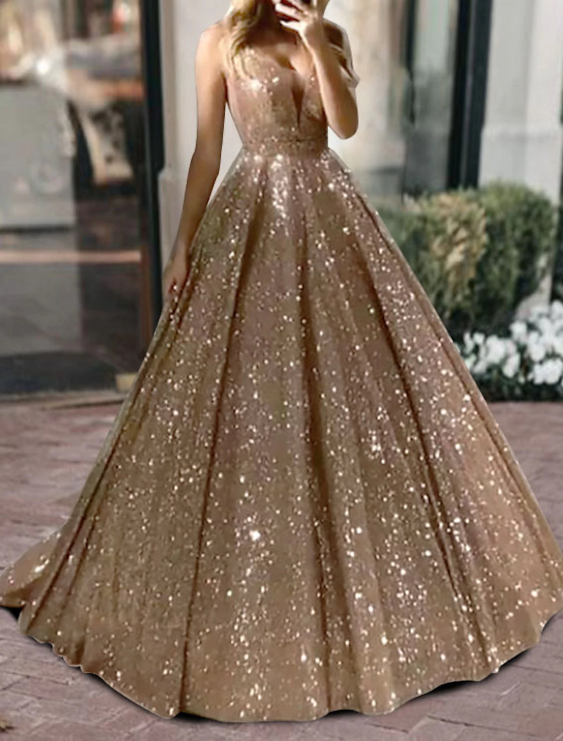 Chic Clothes For Women Ball Gown Glitter Prom Black Dress Luxurious Tulle Sparkly Dress For Wedding Party Quinceanera Sweep / Brush Train Sleeveless V Neck Tulle V Back with Sequin