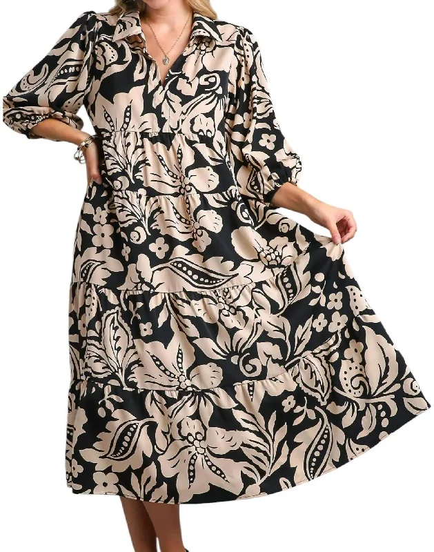 Women's Clothing For Casual Outings Floral Print Tiered Dress In Black