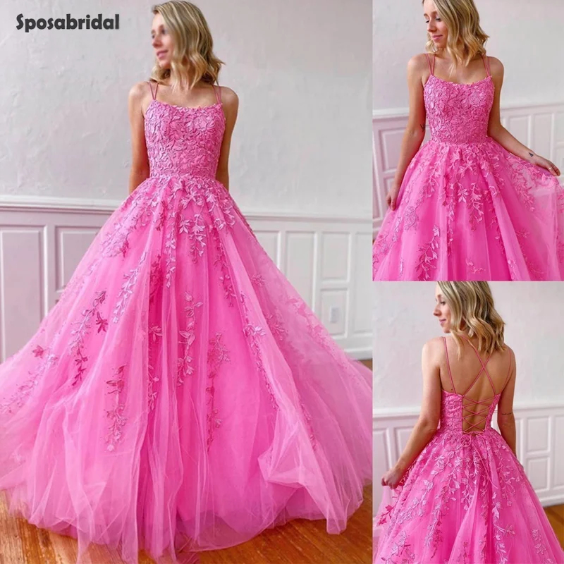 Women's Elegant Evening Outfit Sexy Hot Pink Spaghetti Strap Floral Lace Backless Tulle A-line Long Prom Dress, PD3037