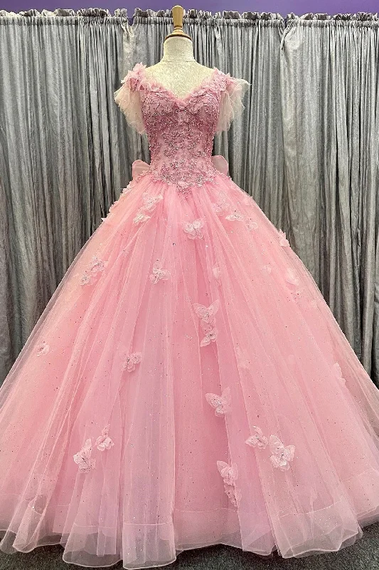 Women's Clothing For Everyday Wear Pink Tulle 3D Floral Lace Bow-Back Ball Gown with Flutter Sleeves