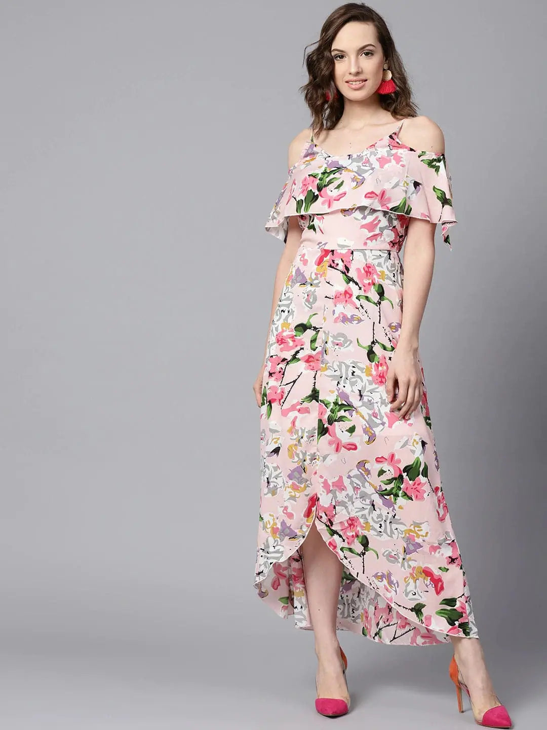 Women's Evening Attire Pink Floral Layered High Low Maxi Dress