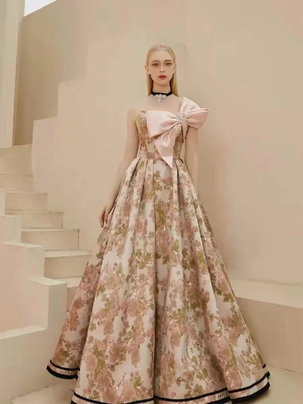 Women's Outfit Gorgeous Floral Long Prom Dresses With Pink Bow, 2022 Prom Dresses, Newest Prom Dresses, Affordable Prom Dresses