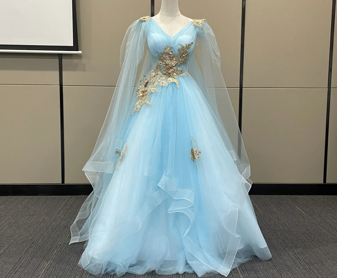 Women's Vintage-Inspired Clothing CUSTOM gold Applique Ice baby blue prom dress Party dress Graduation Gown wedding Dress Gorgeous Birthday dress fairy Ball Gown