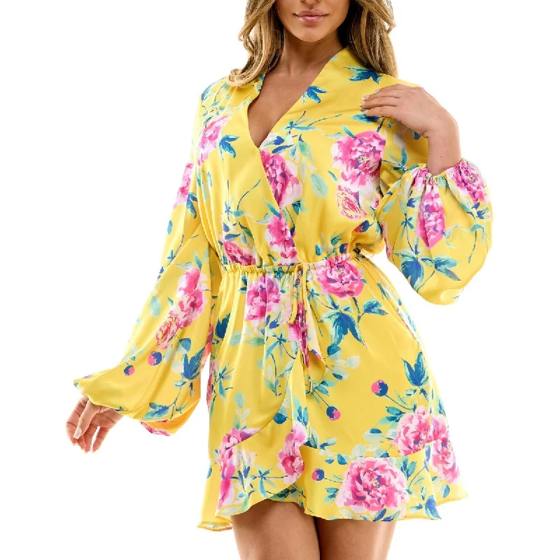 Women's Professional Apparel Bebe Womens Juniors Mini Floral Print Wrap Dress