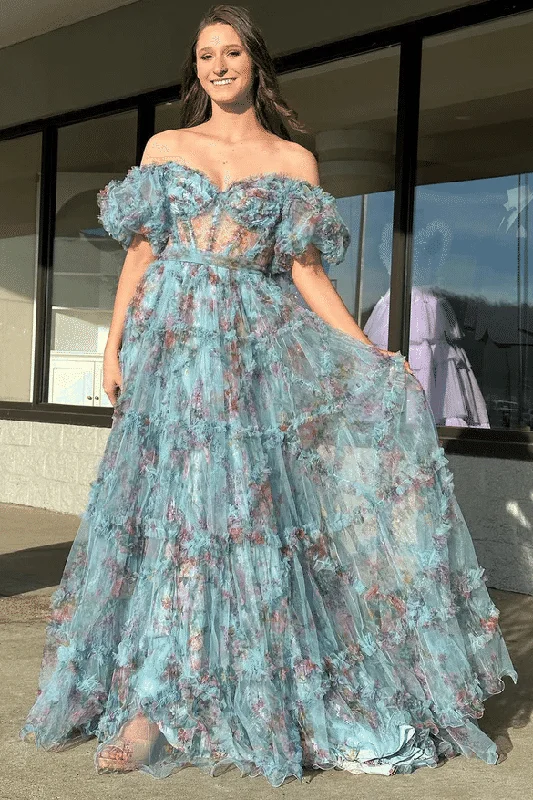 Fashion-Forward Women's Clothing Classy Off-Shoulder Printing A-Line Ruffles Floral Long Prom Dress