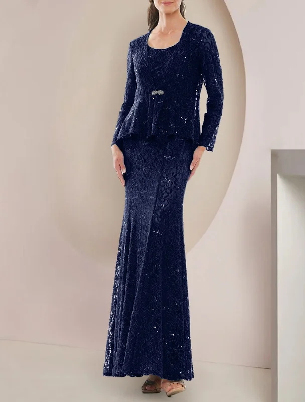 Women's Chic Outerwear Garments Two Piece A-Line Mother of the Bride Dress Formal Wedding Guest Elegant Scoop Neck Floor Length Lace Long Sleeve with Sequin Crystal Brooch