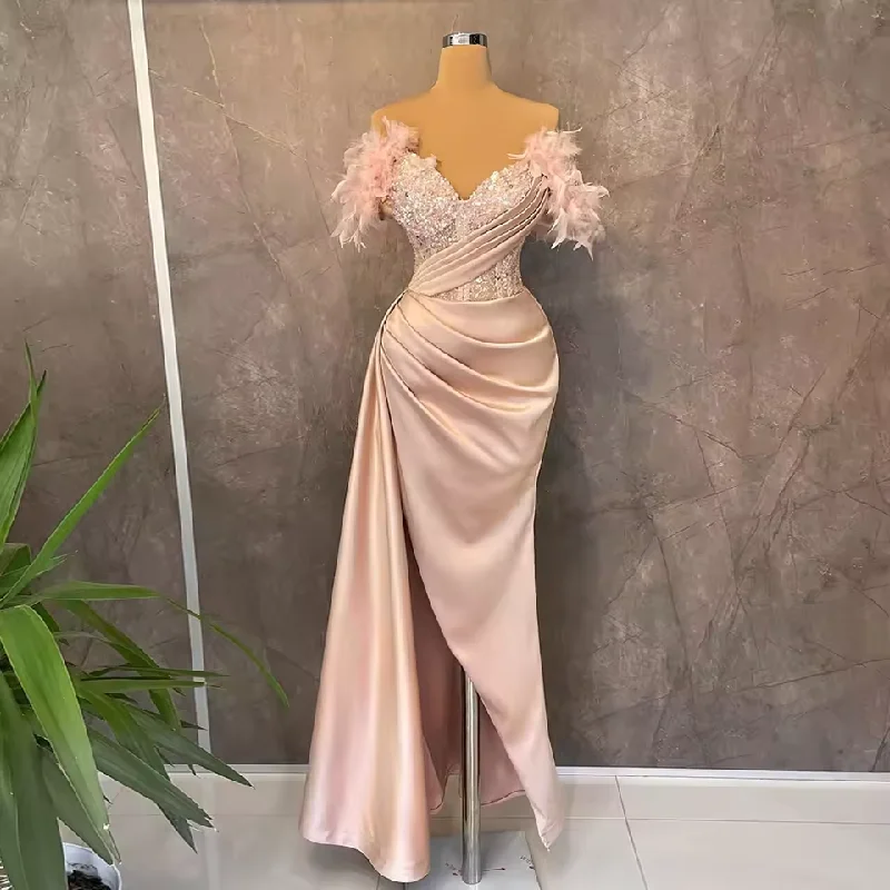 Women's Professional Apparel Pink Evening Dresses Feathers Side Split Sexy Prom Gowns Bead Ruched Long Mermaid Elegant Dress Women For Wedding Party