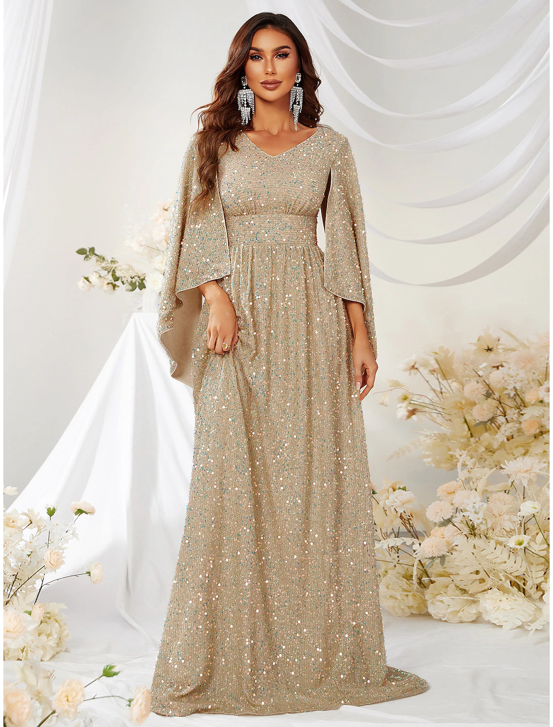 Women's Clothes For Special Occasions A-Line Evening Gown Sparkle & Shine Dress Formal Wedding Sweep / Brush Train Long Sleeve V Neck Capes Polyester with Sequin