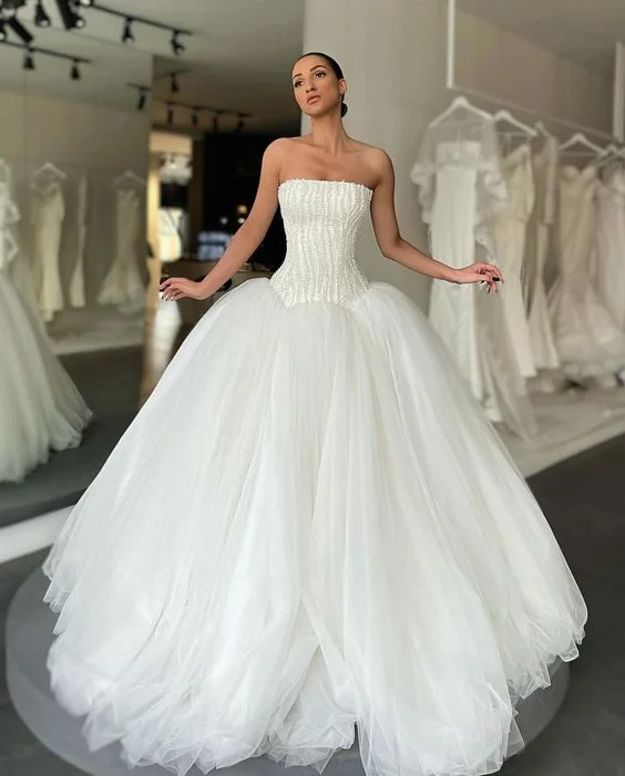 Women's Fashion Clothes A Line Wedding Dresses for bride Strapless Pearls Beads Top Tulle Wedding Dress bridal gowns    S5105