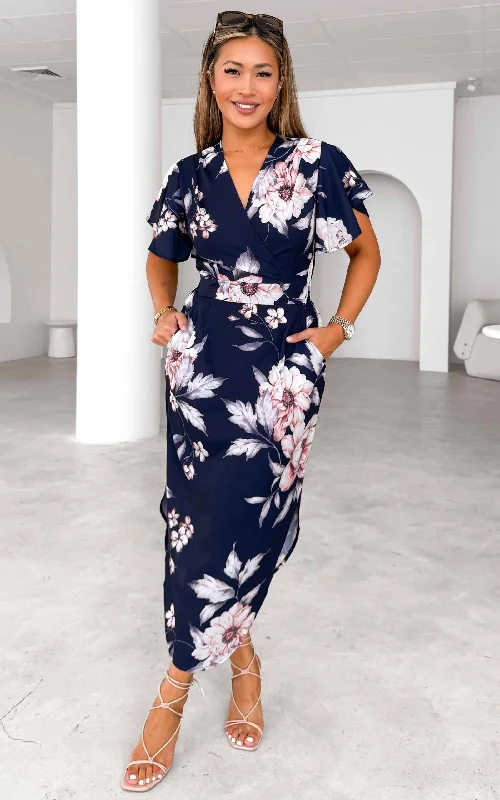 Women's Casual Apparel Brandy Midi Dress - Navy Floral