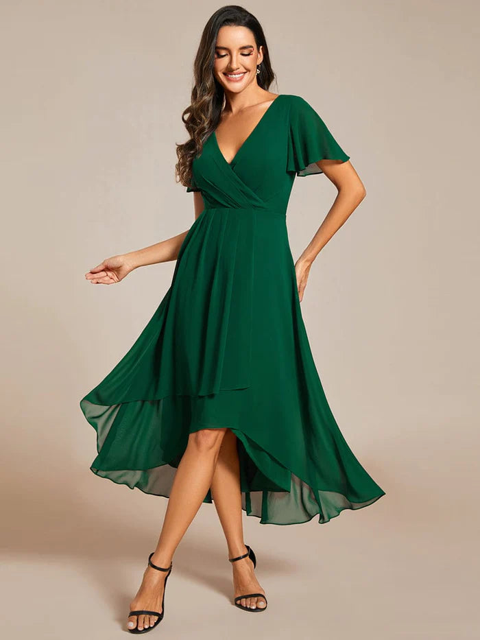 Women's Travel Outfit Set Ruffles Sleeve Pleated V-Neck A-Line Midi Chiffon Wedding Guest Dress