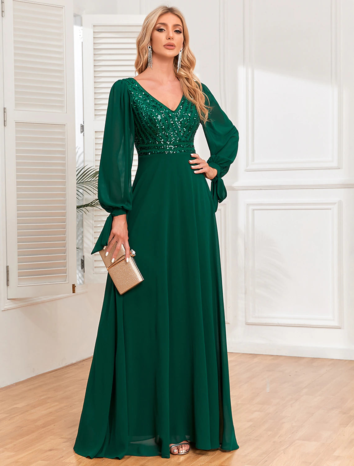 Women's Athletic Clothes A-Line Evening Gown Empire Dress Evening Party Wedding Reception Floor Length Long Sleeve V Neck Fall Wedding Guest Chiffon V Back with Sequin